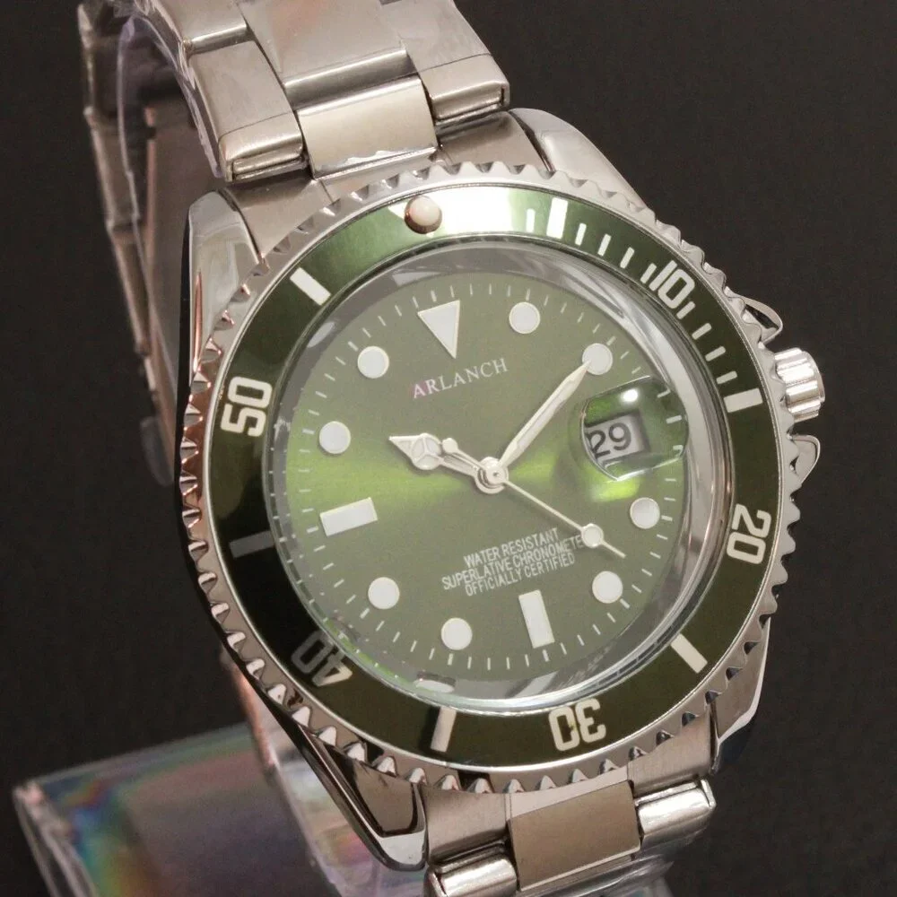 Men's Diver Style Watch Green Uni-directional Bezel Stainless Bracelet 40mm